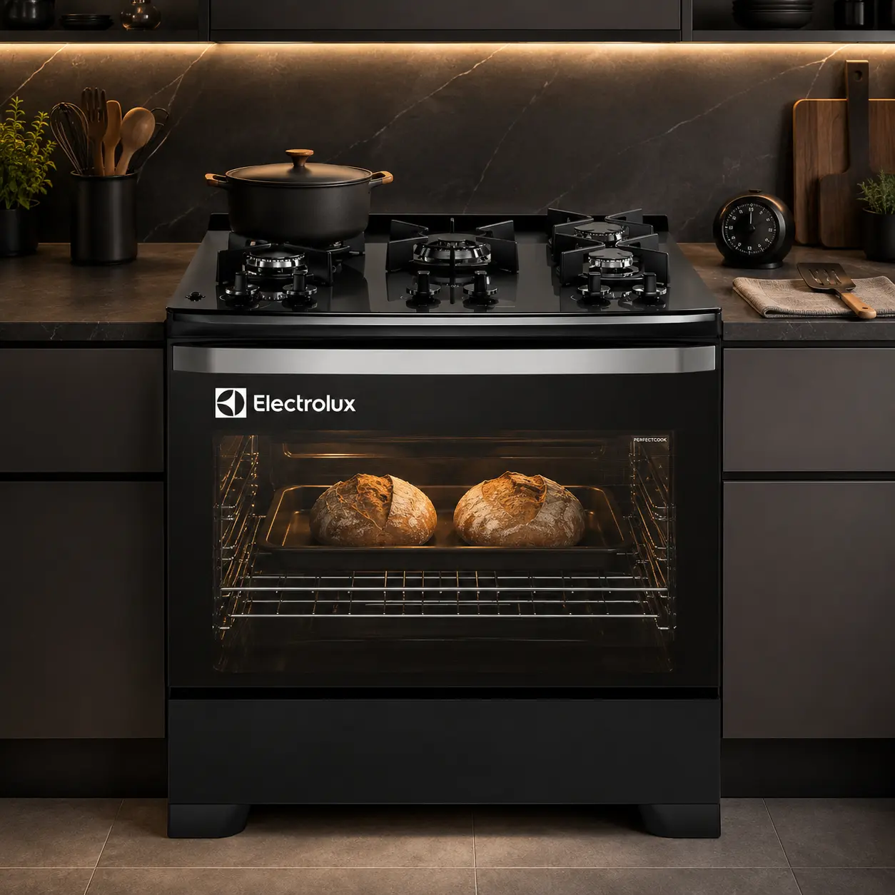 Cocina a gas negra de pie con el horno encendido y una olla sobre la hornilla